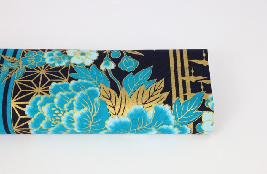 Golden Striped Blue Floral Japanese Fabric