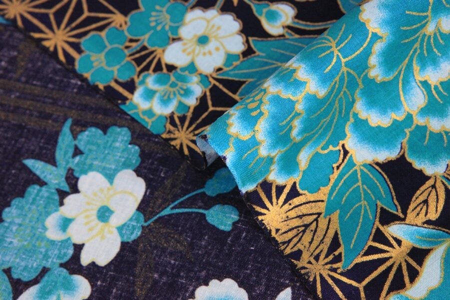 Golden Striped Blue Floral Japanese Fabric