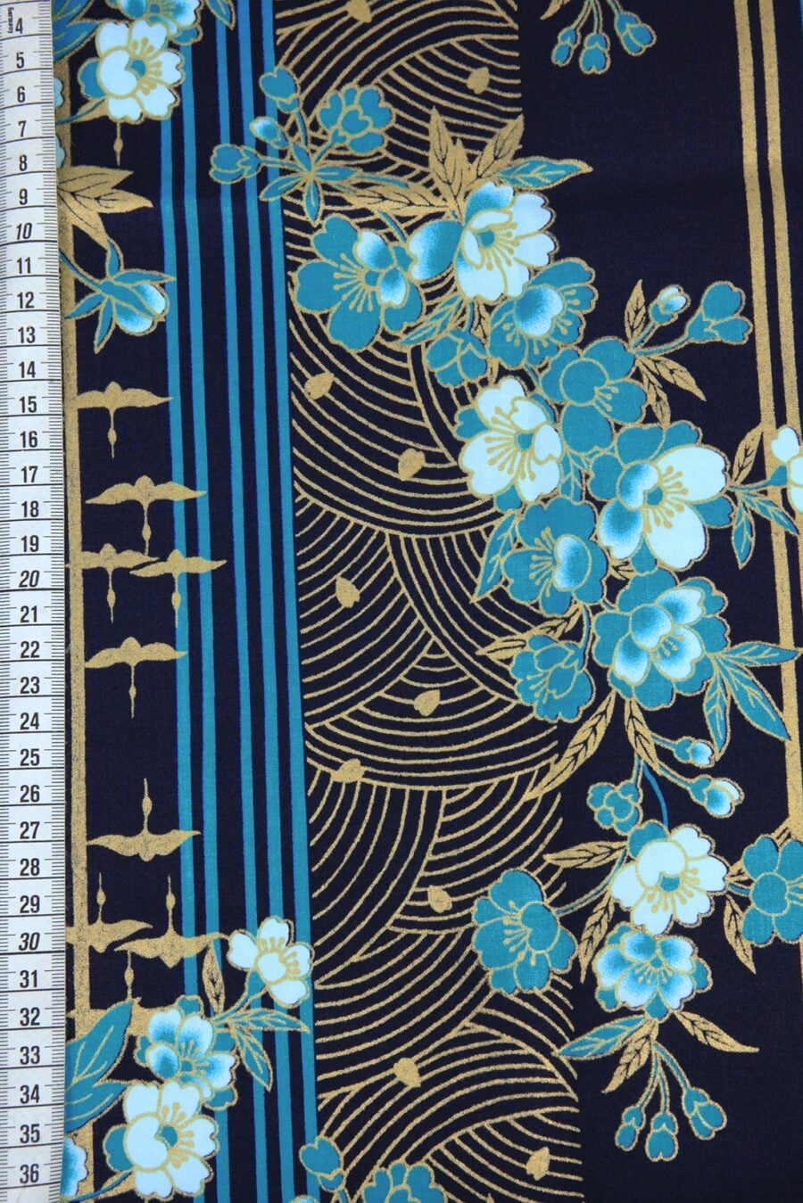 Golden Striped Blue Floral Japanese Fabric