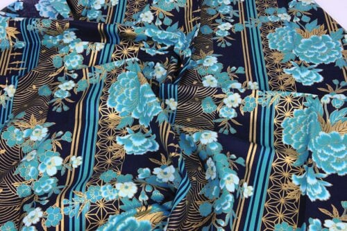 Golden Striped Blue Floral Japanese Fabric