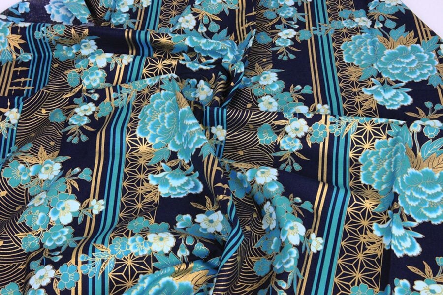 Golden Striped Blue Floral Japanese Fabric