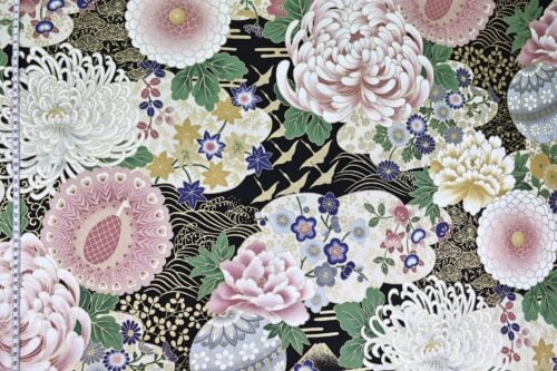 Tissu Japonais doré fleuris Paon Grue fond noir