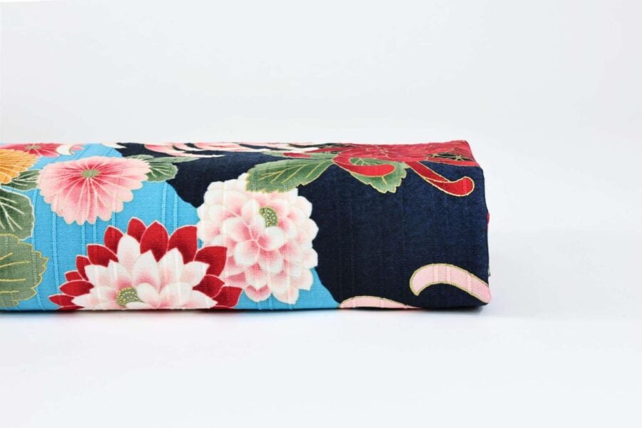 Tissu Chrysanthème Japonais fond bleu