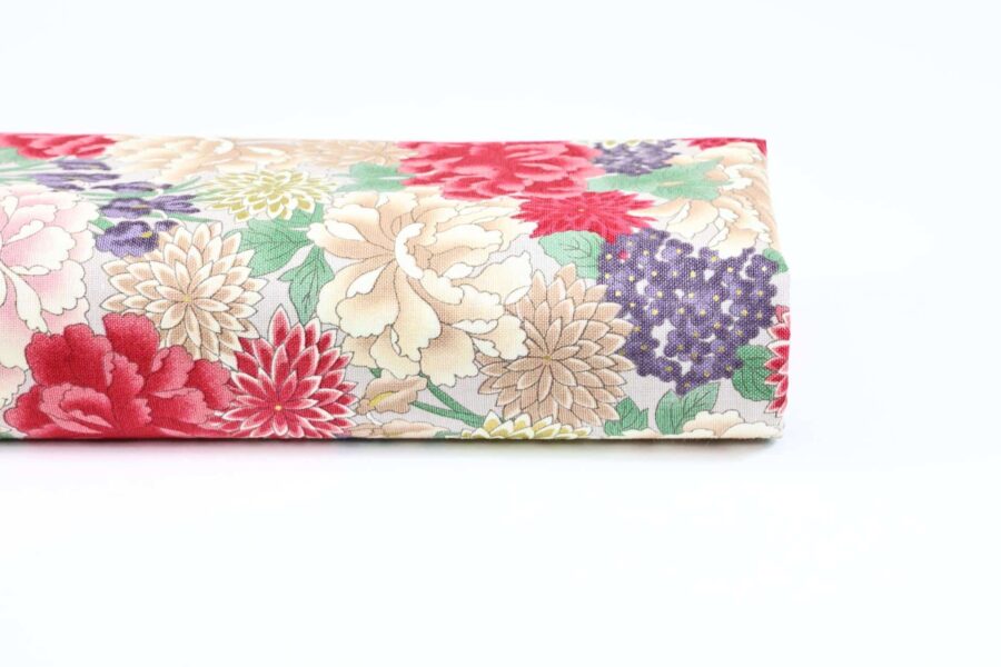 Tissu Japonais Pivoine Chrysanthème et Iris fond gris