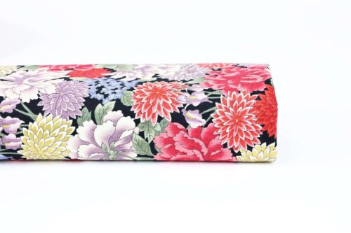 Tissu Japonais Pivoine Chrysanthème et Iris fond noir