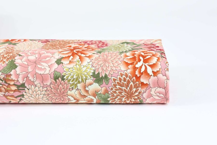 Tissu Japonais Pivoine Chrysanthème et Iris fond rose