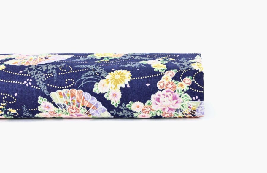 Tissu Japonais éventail kiku botan fond bleu