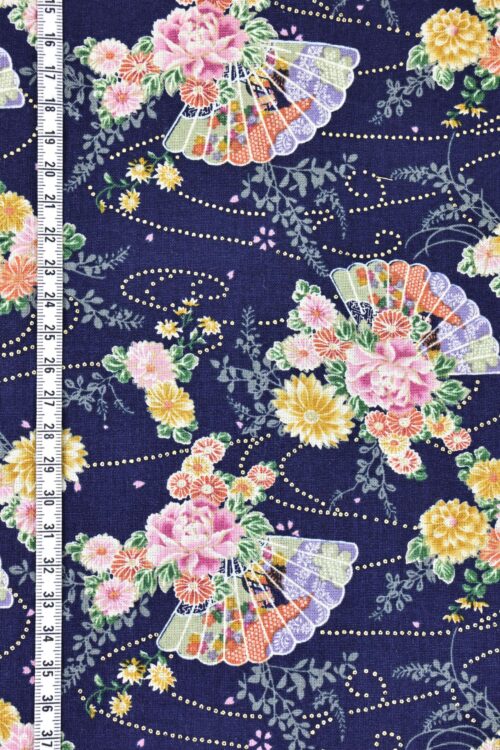 Tissu Japonais éventail kiku botan fond bleu