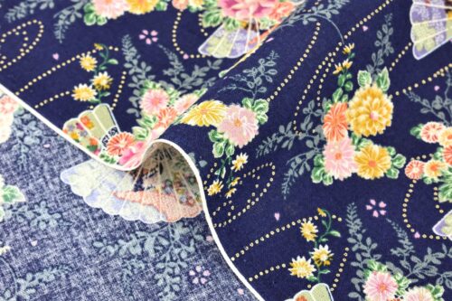 Tissu Japonais éventail kiku botan fond bleu