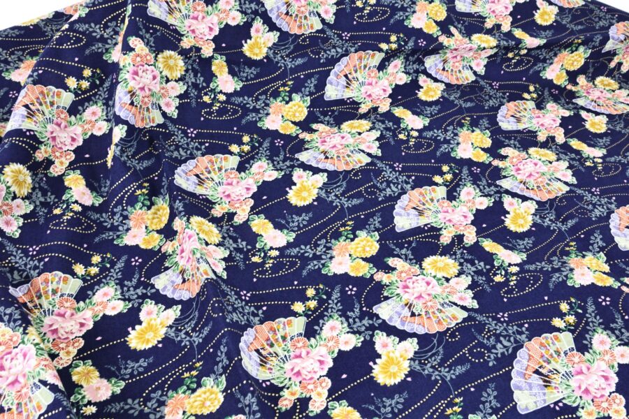 Tissu Japonais éventail kiku botan fond bleu