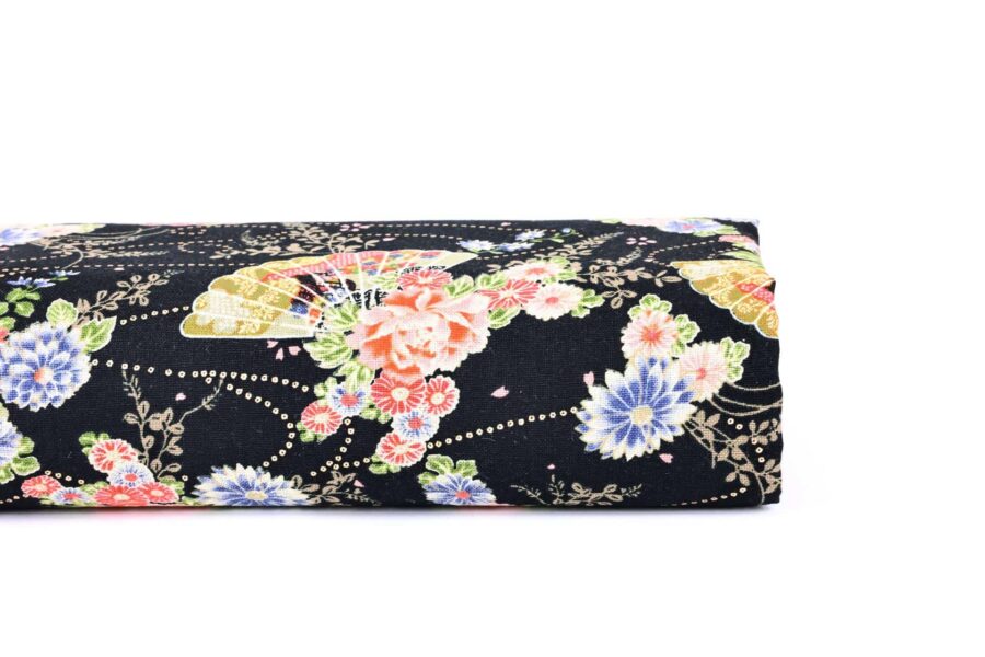 Tissu Japonais éventail kiku botan fond noir