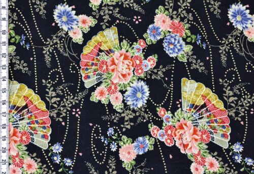 Tissu Japonais éventail kiku botan fond noir