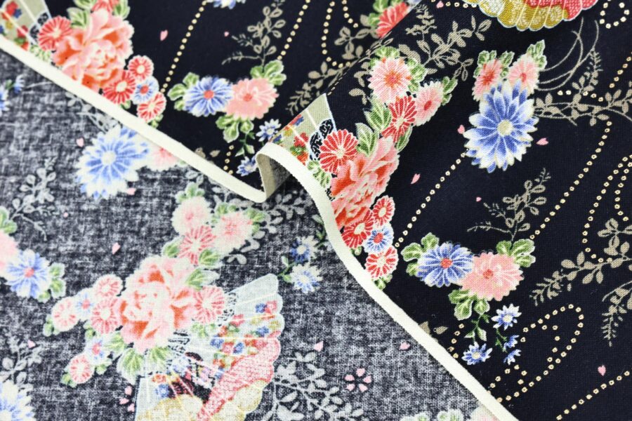 Tissu Japonais éventail kiku botan fond noir