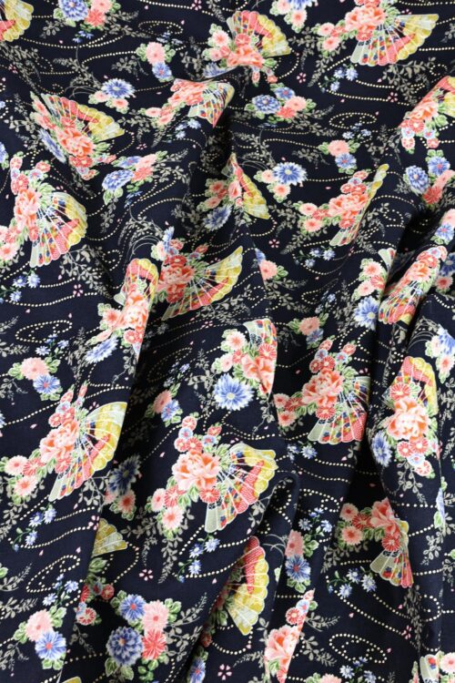 Tissu Japonais éventail kiku botan fond noir