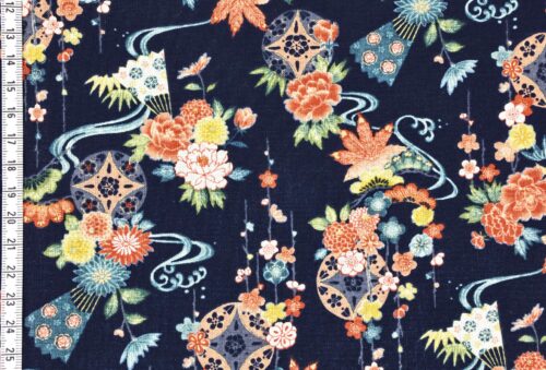 Tissu Japonais fleurs dans l'eau fond bleu
