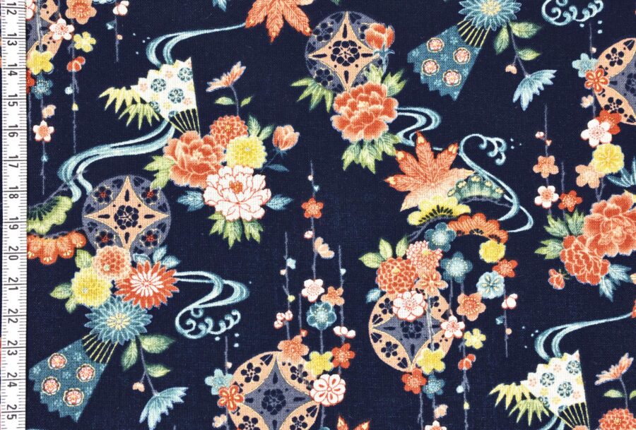 Tissu Japonais fleurs dans l'eau fond bleu