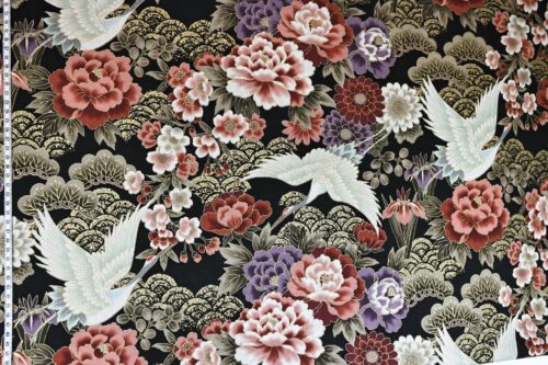 Tissu Héron Japonais doré fond noir. Golden Heron Japanese fabric