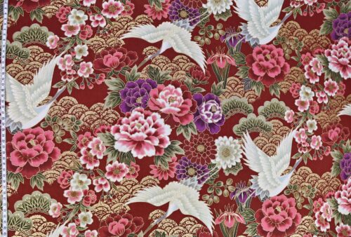 Tissu Héron Japonais doré fond rouge. Golden Heron Japanese fabric