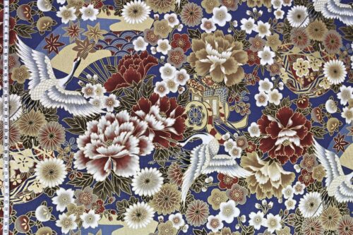 Tissu Japonais Grues Hana Gosho Guruma fond bleu. Japanese Fabric Black Crane Hana Gosho Guruma