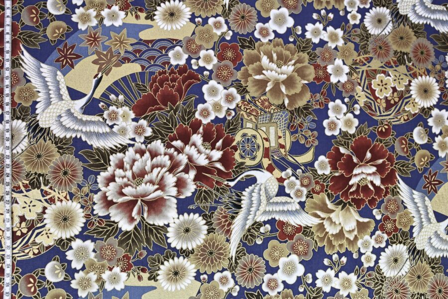 Tissu Japonais Grues Hana Gosho Guruma fond bleu. Japanese Fabric Black Crane Hana Gosho Guruma