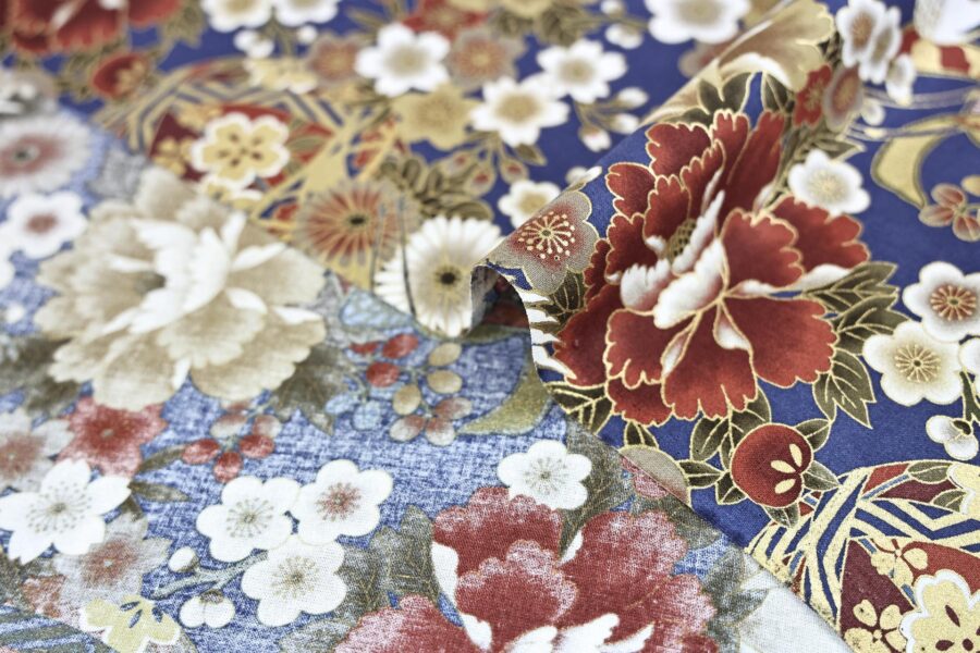 Tissu Japonais Grues Hana Gosho Guruma fond bleu. Japanese Fabric Black Crane Hana Gosho Guruma