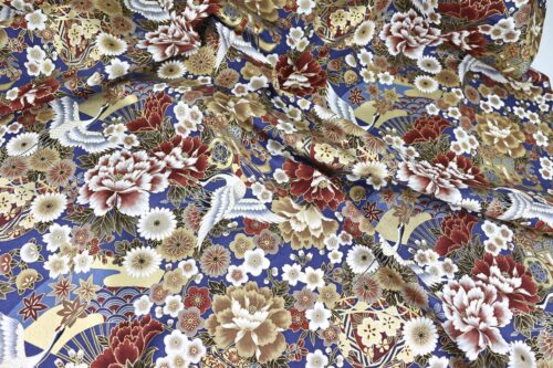 Tissu Japonais Grues Hana Gosho Guruma fond bleu. Japanese Fabric Black Crane Hana Gosho Guruma