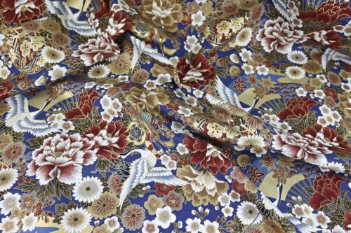 Tissu Japonais Grues Hana Gosho Guruma fond bleu. Japanese Fabric Black Crane Hana Gosho Guruma
