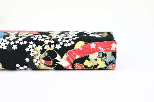 Tissu Japonais Maiko et Hanami fond noir. Japanese Fabric, Japanese Fabrics