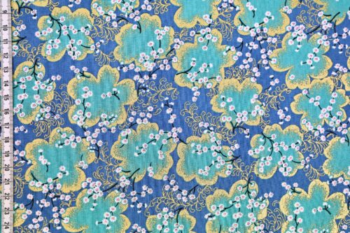 Tissu Japonais Ume turquoise doré fond bleu. Japanese Fabric Golden Turquoise Ume. Japan fabric, Japanese fabrics
