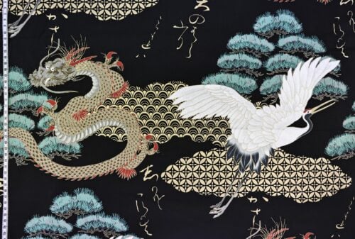 Tissu Grue et Dragon doré fond noir. Japanese fabric