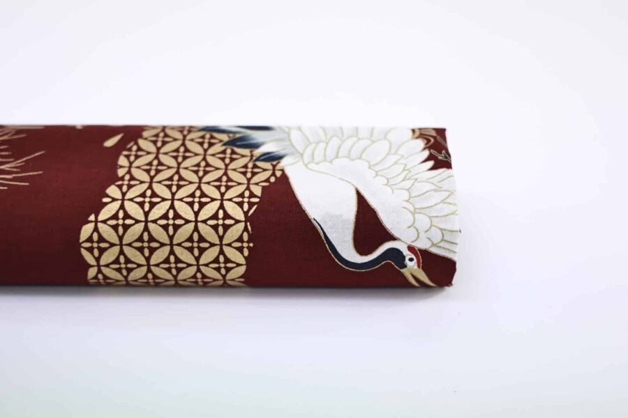 Tissu Grue et Dragon doré fond rouge. Japanese fabric. Japan Fabric