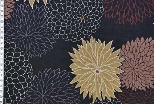 Tissu Japonais Chrysanthèmes en éclat fond noir. Japanese fabric