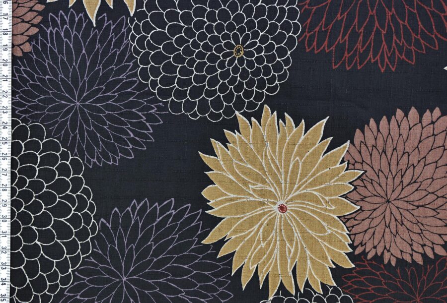 Tissu Japonais Chrysanthèmes en éclat fond noir. Japanese fabric