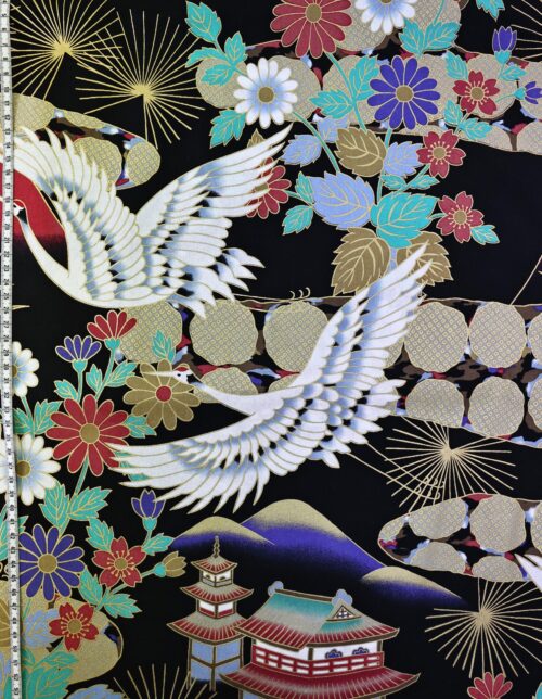 Tissu Japonais Grues et paysage enchanté. Japanese fabric