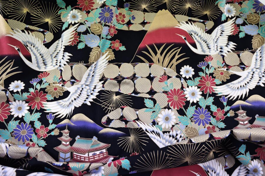 Tissu Japonais Grues et paysage enchanté. Japanese fabric