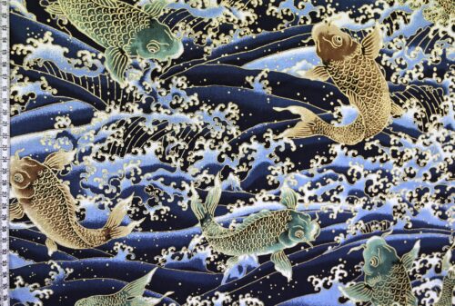 Tissu carpes dorées dans vagues bleues. Japanese fabric.