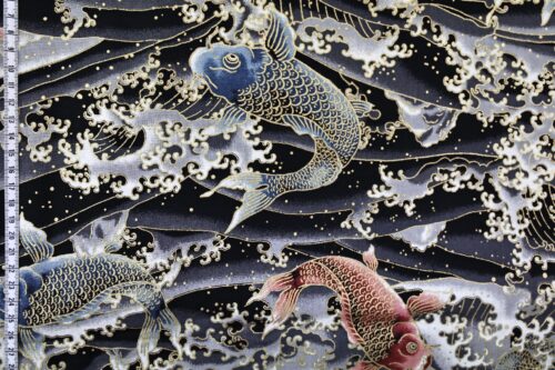 Tissu carpes dorées dans vagues noires. Japanese fabric