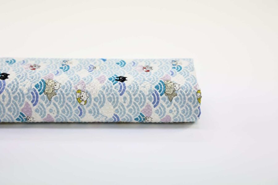 Tissu seersucker Japonais Neko Seigaiha kawaii. Japanese fabric