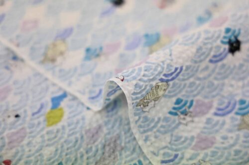 Tissu seersucker Japonais Neko Seigaiha kawaii. Japanese fabric