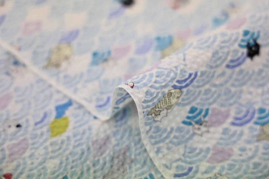 Tissu seersucker Japonais Neko Seigaiha kawaii. Japanese fabric