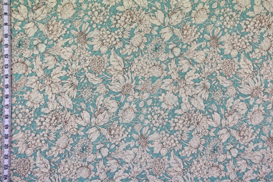 Tissu seersucker fleurie type liberty fond turquoise. Japanese fabric