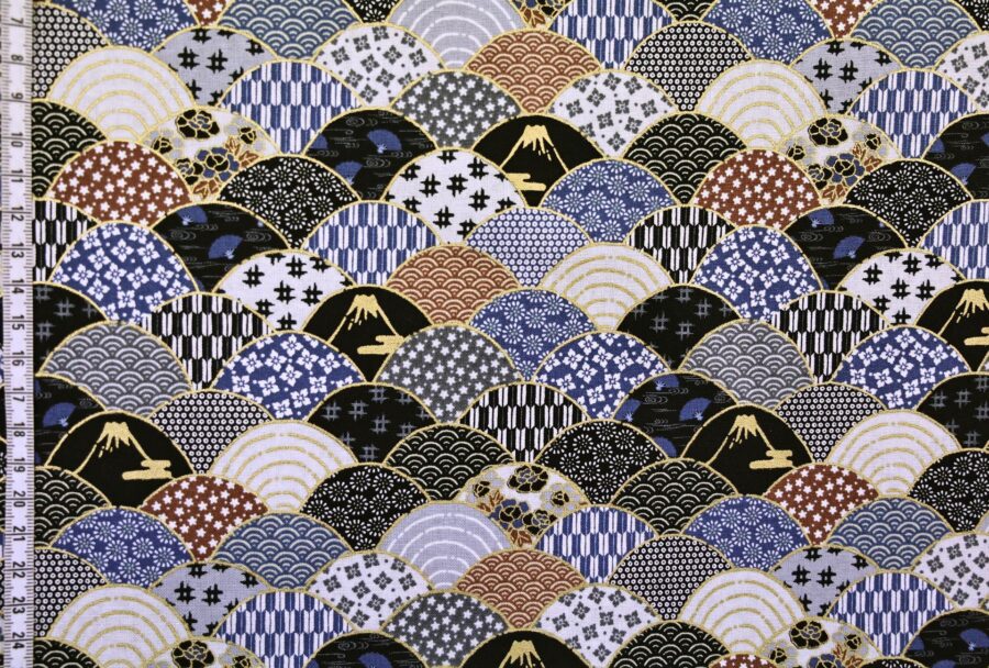 Tissu vagues multi motifs bleu noir gris. Fabric waves multi-patterned in blue, black, and gray. Japanese fabric