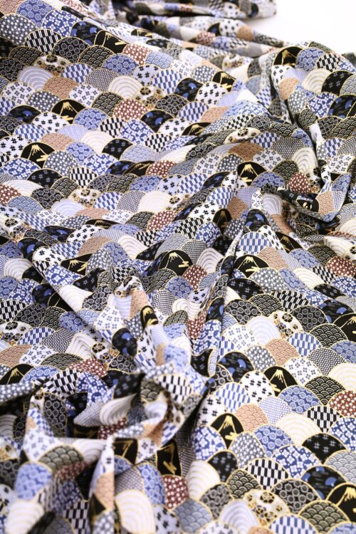 Tissu vagues multi motifs bleu noir gris. Fabric waves multi-patterned in blue, black, and gray. Japanese fabric