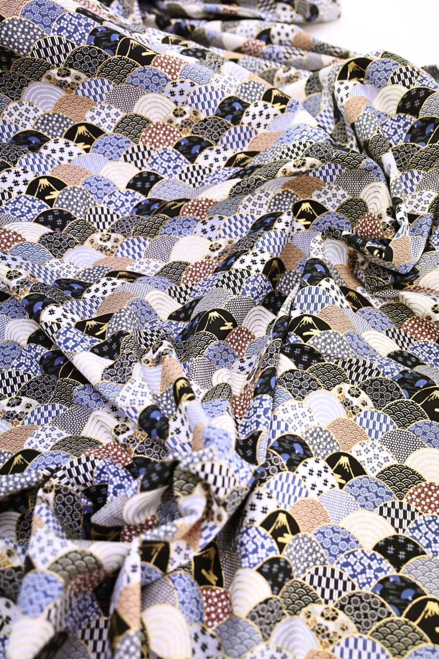 Tissu vagues multi motifs bleu noir gris. Fabric waves multi-patterned in blue, black, and gray. Japanese fabric