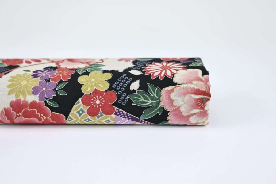 Tissu Japonais Tsuzumi Sensu coloré et noir. Japoanese fabric