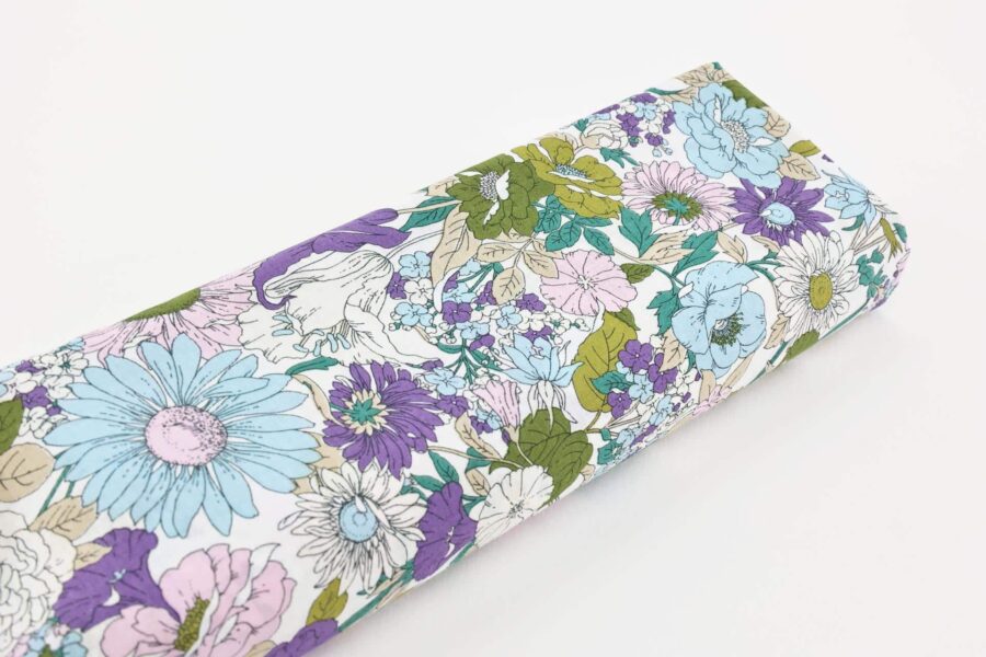 Coton lawn style liberty coloré bleu et lilas. Japanese fabric. Liberty