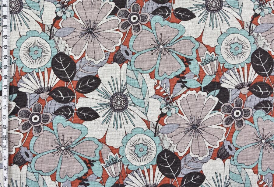Canvas fleurs esprit vintage turquoise gris. Japanese fabric