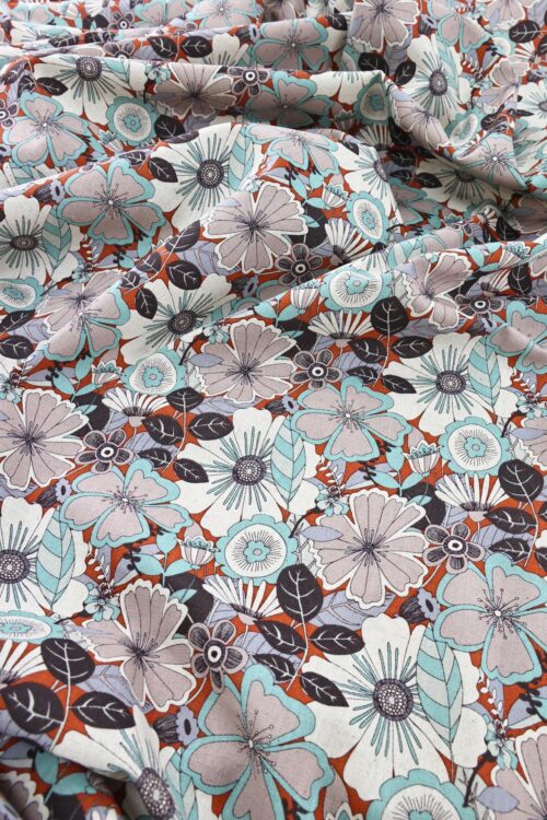 Canvas fleurs esprit vintage turquoise gris. Japanese fabric