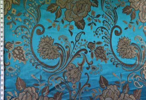 Tissu brocart fleur bronze fond bleu canard. Brocard fabric