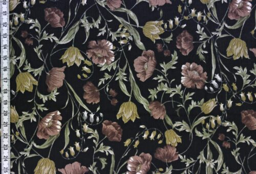 Tissu velours côtelé imprimé fleurs fond noir. Japanese fabric